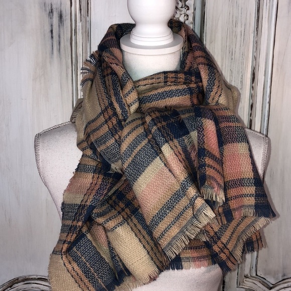 Large Blanket Scarf Tan, Blue, and Pink Plaid - Picture 4 of 4